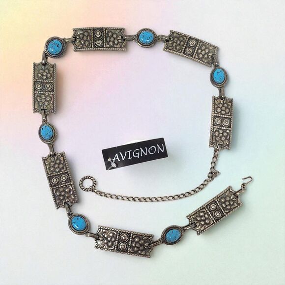 Avignon Southwestern Turquoise Stone & Metal Link Hip Belt Size S Bohemian - Picture 1 of 11